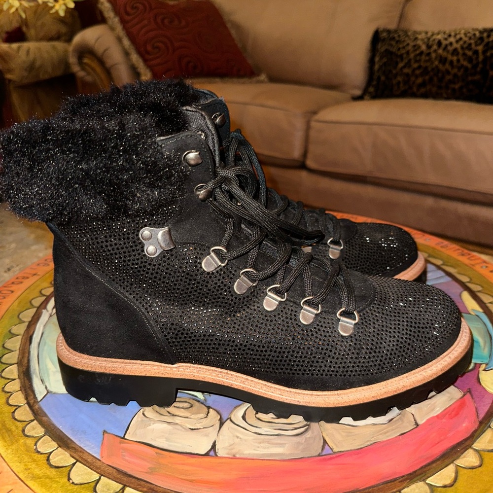 REPORT black fur booties with sequins, size 9